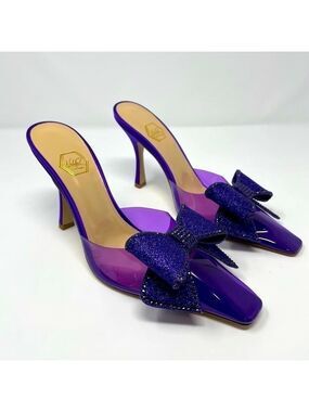 NIB Nalebe By Amina Means Reflections Dimante PVC Glitter Bow Mule Heels Pumps
